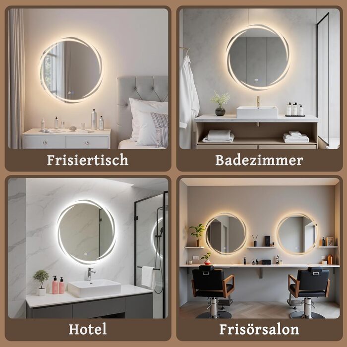 Круглий дзеркало для ванної кімнати Mursche з підсвічуванням, 60 см, LED, IP44, сенсорне регулювання, проти запотівання, для ванної кімнати та туалету