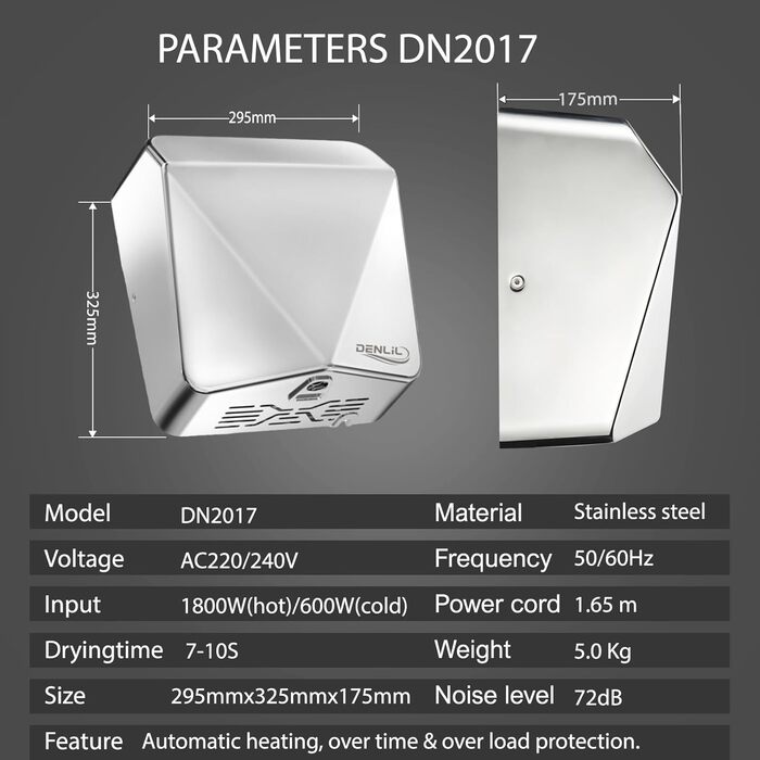 Електричний сушильник для рук з нержавіючої сталі, комерційний, високої продуктивності, з HEPA фільтром, час сушіння 7 секунд