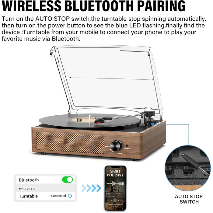 Вініловий програвач-ретро з Bluetooth, портативний програвач платівок з 3 швидкостями (33/45/78 об/хв), вбудованими стерео-динаміками, RCA виходом, AUX-входом, колір натурального дерева