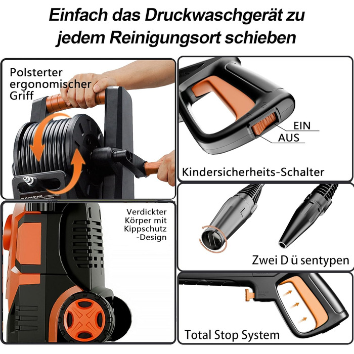 Високотискний мийник 2026 Neu 180 бар, 6-в-1 насадка, 420 л/год, 50 м²/год, економія води, піночистка 500 мл, барабан для шлангу 33л
