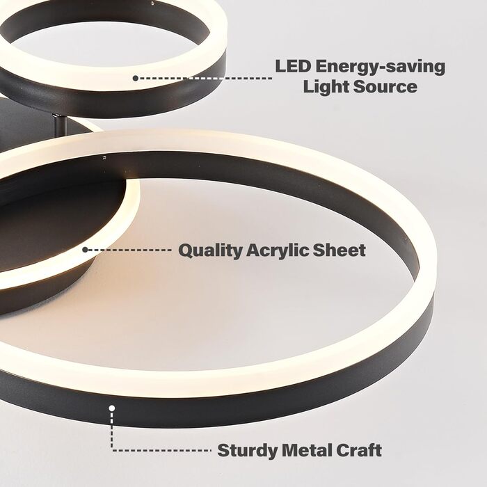 Світлодіодний стельовий світильник MOUNM з регулюванням яскравості 36 Вт, 3000K-6000K, чорний, 3 кільця, для вітальні та спальні