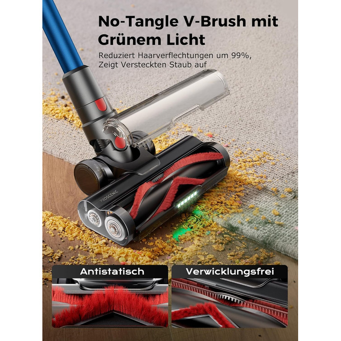 Бездротовий пилосос Proscenic P16: акумуляторний, 550W, 65 хв роботи, гнучкий згин, GreenEye, антизаплутувальна насадка, для килимів, твердих поверхонь, шерсті тварин, синій