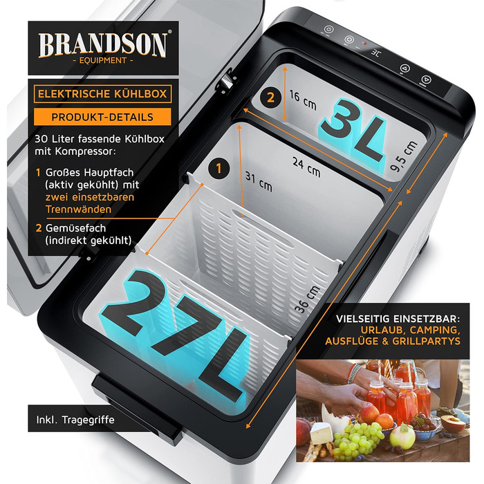 Автохолодильник Brandson ECO Kompressor XXL 30л електричний 12/24V – охолодження до -22°C для авто, кемпінгу, вантажівок, човнів (білий)