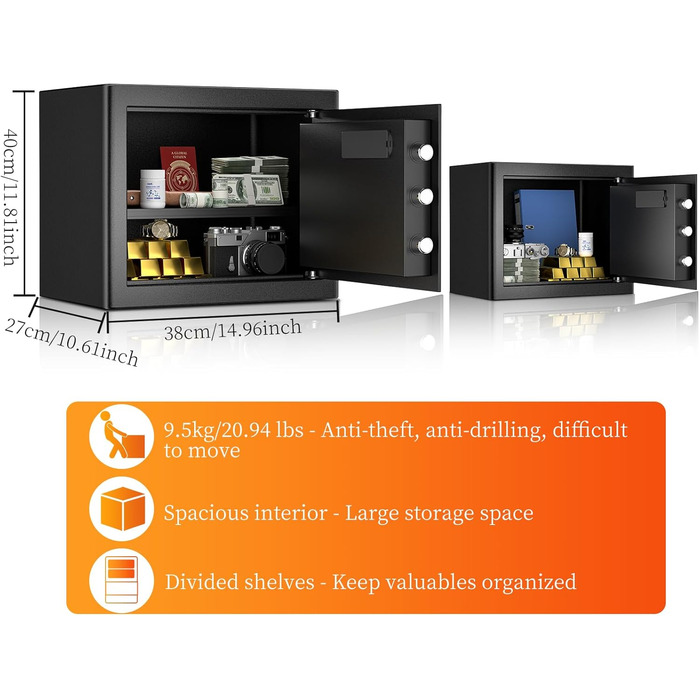 Сейф для дому та офісу WASJOYE Tresor Safe Groß з ключем та електронним замком, настінний сейф з цифровим кодом (40x38x31 см, 31 л)