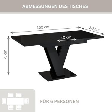 PROROOM FURNITURE Розсувний кухонний стіл Malvi – чорний глянцевий стіл 120-160 см для 4-6 осіб | Легка збірка | Для їдальні та кухні