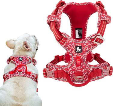 Шлейка для собак tineer з квітковим малюнком, що не тягнеться, світловідбиваюча нейлонова регульована м'яка жилетка, тренувальна шлейка для маленьких собак середнього розміру (XL груди 81-107 см, червоного кольору)