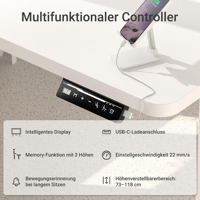 Регульований стіл з USB-C зарядкою 140 x 60 см, пам'ять, електричний, стабільний, стоп-стіл, регульований комп'ютерний стіл (білий, 140 x 60 см)