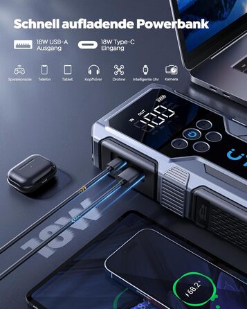 Powerbank-пусковий пристрій UTRAI для автомобіля: 4500A, компресор 150PSI, швидка зарядка 18W, ліхтарик, 8.5L бензин/6.5L дизель