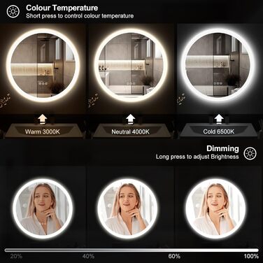 Дзеркало для ванної кімнати ChillCruiser LED круглої форми 50 см з чорною рамою, антизапар, 3 кольори, функція пам'яті