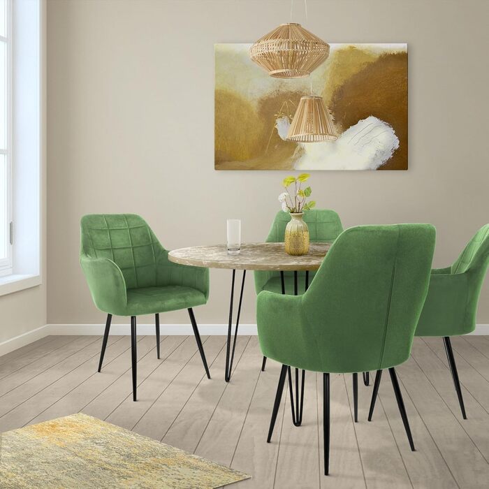 ECD Germany Комплект з 6 обідніх стільців з м'яким оксамитовим сидінням, металевими ніжками та підлокітниками, для вітальні та кухні, світло-зелений колір