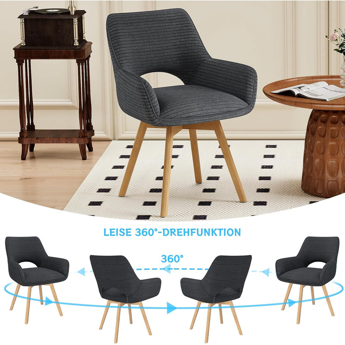 Набір з 4 обертових стільців для їдальні з підлокітниками, м'який стілець з металевими ніжками, оксамитовий, бежевий