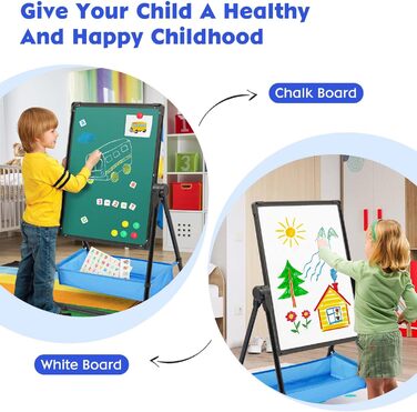 Дитяча мольберт Kinder Staffelei: двостороння дошка для малювання з крейдою та білою дошкою, регульована висота, з аксесуарами, чорний