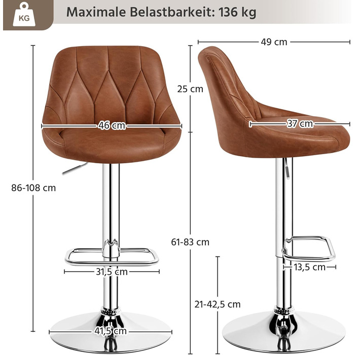 Набір Yaheetech з 2 барних стільців, регульований 61,5-83 см, поворотний, з підставкою для ніг, коричневий