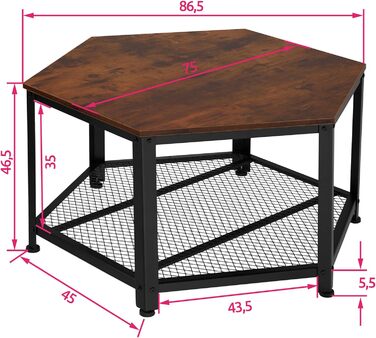 Журнальний столик Tectake з дерева і металу в промисловому дизайні, стіл для вітальні з місцем для зберігання, шестикутний, 86,5 х 75 х 46,5 см, чорний металевий каркас (індустріальний темно-коричневий)