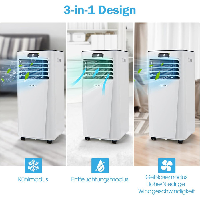 Мобільний кондиціонер COSTWAY 7000 BTU з гнучким шлангом, 2,1 кВт, охолодження 16-32℃, вентиляція з 2 швидкостями, осушення 19 л/добу, сплячий режим, для кімнат до 25 м²