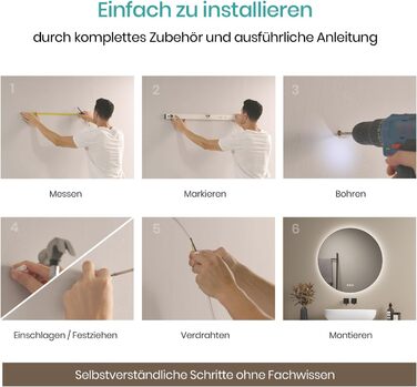 Дзеркало для ванної кімнати EMKE з підсвічуванням, 50 см, кругле, без рами, з регулюванням яскравості, 3 кольори світла, антизапар, сенсорне управління, функція пам'яті, 60x60 см