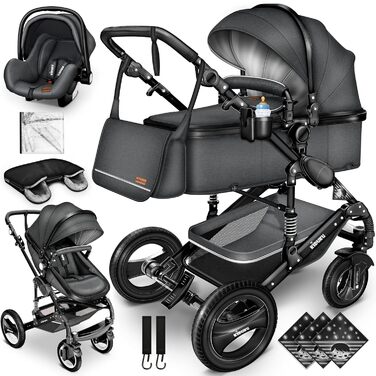 Дитяча коляска 3 в 1 KIDUKU® XXL Комплект | Комбінована коляска з люлькою, прогулянковим блоком та автокріслом | З повним набором аксесуарів (футляр, сумка для підгузків, підставка для чашки, дощовик) | Надувні колеса, ECE R129 (Антрацит / Чорний)