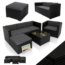 Садовий комплект меблів Juskys Polyrattan Punta Cana для 4-5 осіб: диван, крісло, пуф, стіл, подушки - чорний/сірий