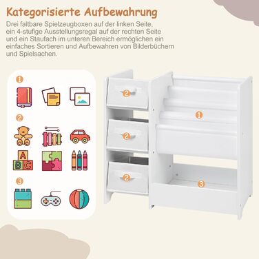 Поличка для дитячої кімнати Lestarain, органайзер для іграшок, 65x60x30 см, з 3 ящиками та 4 кишеньками, з масиву дерева МДФ, біла