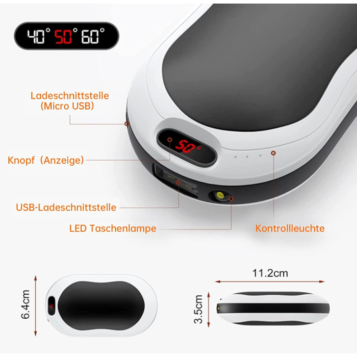 Електричний грілка для рук USB з акумулятором 10000mAh, 3 режими температури, для жінок та чоловіків, Outdoor, чорний