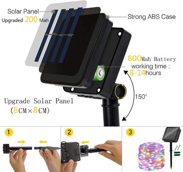 Вулична гірлянда на сонячних батареях, 212 м, всього 240 світлодіодів, водонепроникна гірлянда для прикраси інтер'єру та екстер'єру, освітлення для саду, патіо, двору, дерев, вечірок, фестивалів, весільних прикрас (різнокольорові), 2 шт.