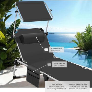 Шезлонг Tectake® з дахом: легкий, розкладний, для балкона, саду, кемпінгу та пляжу. Алюмінієвий, сірий меланж (чорний)