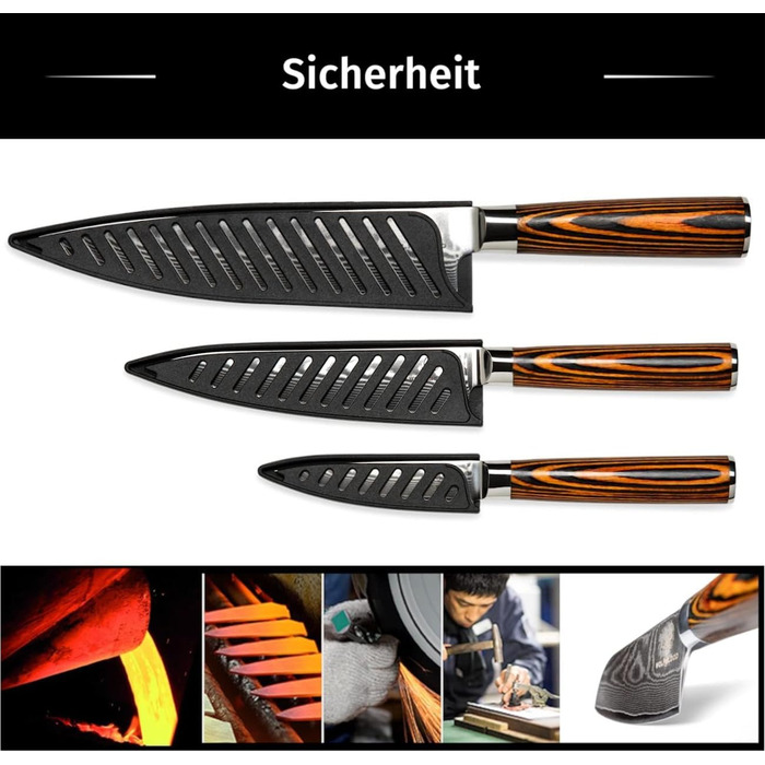 Набір кухонних ножів Wolfblood з дамаської сталі (32, 26, 20 см) - 67 шарів, 62 HRC, з захистом леза та подарунковою коробкою