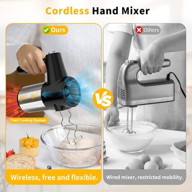 Ручний міксер електричний бездротовий з USB зарядкою, 7 швидкостей, 6 насадок (металеві віночки, гаки для тіста) - для дому