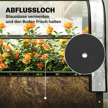 Підвищене грядка з тепличною накривною конструкцією, ящик для вирощування рослин з відкидною кришкою, на колесах, з блискавкою та дренажним отвором, чорного кольору.