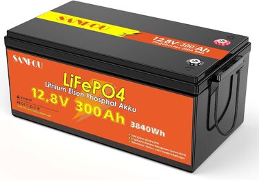 Акумулятор SANFOU 25,6 В 100 Ач LiFePO4, літієва батарея вбудована 100 А BMS, потужність глибокого циклу 2560 Втгод, батарея 5000 циклів для автофургону, каравану, причепа та сонячної автономної системи. (12,8V300Ah)