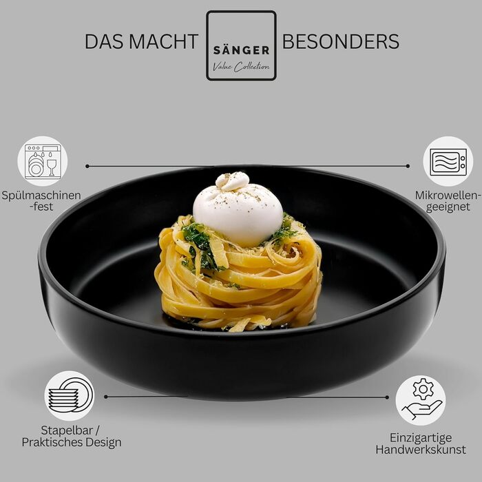 Набір посуду SÄNGER Madeira на 6 осіб: тарілки, чашки, салатники - 30 предметів, кераміка, чорний, для мікрохвильовки та посудомийної машини | VALUE COLLECTION