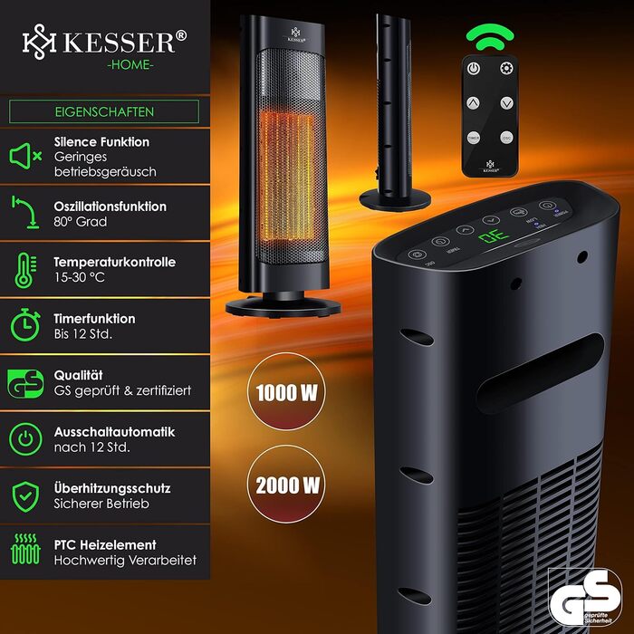 Обігрівач KESSER® 2000W з пульт дистанційного керування, керамічний, тихий, з осциляцією, таймером, 15-30°C, чорний