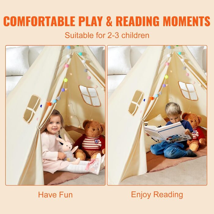 Дитячий намет VEVOR Tipi для дітей 1-5 років, складний намет з килимком та сумкою, з вікнами, для хлопчиків та дівчаток, бежевий (рустикальний)