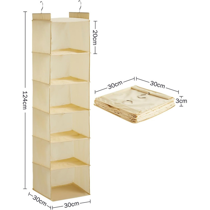 Підвісна полиця Органайзер для гардеробу, 6 відділень, тканина Оксфорд, металевий гачок, бежевий