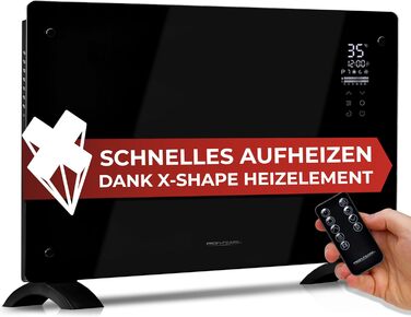 ProfiCare® Електричний конвектор з скляною передньою панеллю та X-подібним нагрівальним елементом | Мобільний обігрівач, також підходить для настінного монтажу | Конвектор з 2 рівнями нагріву | Безшумне опалення - 0dB | PC-GKH 3119 чорний