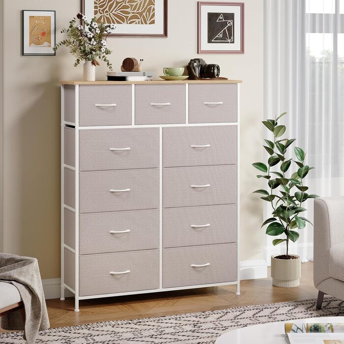 Тумбочка Somdot з висувними ящиками, тканинна тумбочка, тумбочка для спальні, вітальні, коридору, шафа з ящиками, 5 тканинних ящиків, білий колір, штучна шкіра (сірий, 30T x 100B x 118.5H см (11 ящиків))