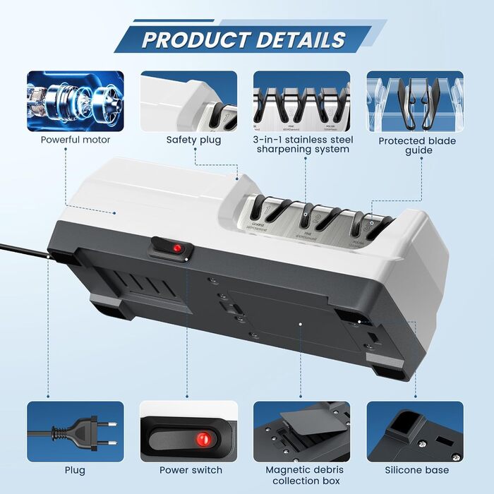 Електричний точило для ножів MusyVocay з алмазним покриттям, професійне 3-ступеневе, кухонне, для грубого шліфування та ремонту