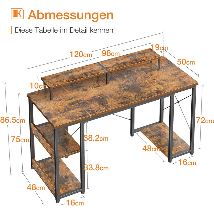 Двосторонній стіл ODK з полицею, підставка для монітора, 120x50x86.5 см, вінтажний коричневий, для домашнього офісу
