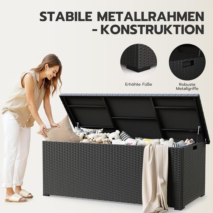 Скриня для подушок садових Polyrattan Amopatio 650л, водонепроникна, з газліфтом, чорна. Ящик для зберігання для саду та балкону