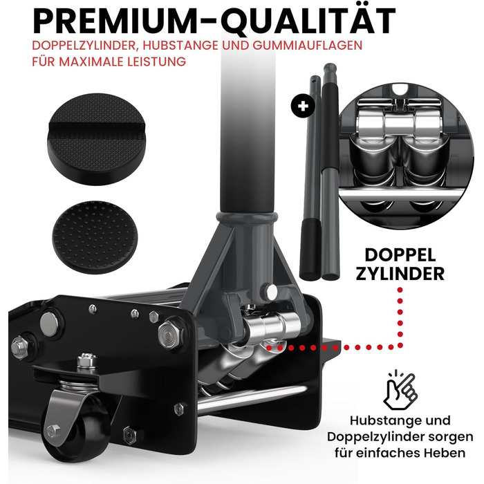 Гідравлічний домкрат 3T низькопрофільний 75-505мм з гумовими накладками для легкових авто та SUV – професійний, посилений, з роликами 360° (антрацит)
