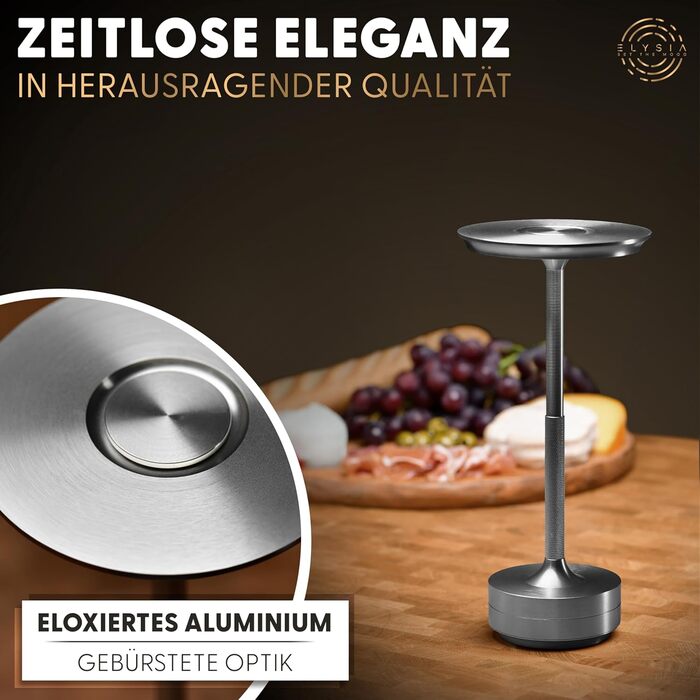 LED-лампа ELYSIA на акумуляторі: диммування, бездротове підключення, сенсорне керування, IP54, 2200-2700K, USB-C, для дому та саду, алюміній, срібло