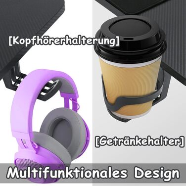 Ігровий стіл XMTECH 140x60 см з RGB LED, стіл для комп'ютера з карбоновою поверхнею, ергономічний стіл з тримачем для навушників та підстаканником, чорний