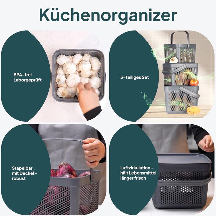 Набір контейнерів для зберігання картоплі, цибулі та часнику Uandu, 3 шт. (5L+8L+12L), сірий