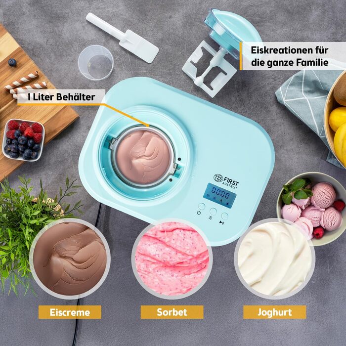 Електрична морозиво-машина TZS First Austria 1L з компресором 3-в-1 - для морозива, сорбету та замороженого йогурту, з мірним стаканчиком та лопаткою, колір м'ятний