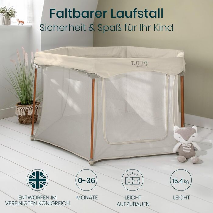 Дитячий портативний ігровий центр Tutti Bambini Laufstall - ігровий майданчик з сіткою 360°, механізмом швидкого складання, дверцятами на блискавці, килимком та сумкою для перенесення, 135 x 135 x 75 см (Бежевий)