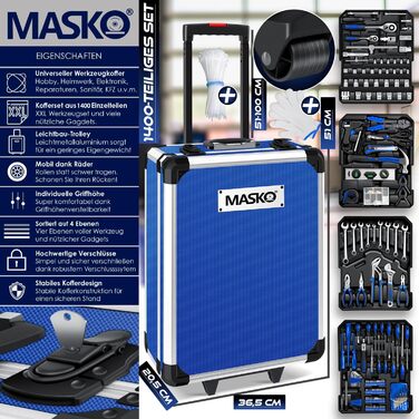 Набір інструментів MASKO 1400 предметів в алюмінієвому кейсі на колесах | Професійний інструментальний візок для дому, авто, хобі та майстерні (Синій)