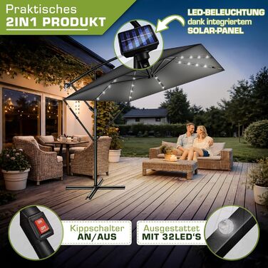 Прямокутна алюмінієва сонячна парасолька tillvex® 330 см з LED-підсвіткою, ручкою та чохлом, антрацит — підвісна садова парасолька з захистом від UV та вітру