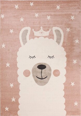 Дитячий килим VIMODA, килимок для ігрової кімнати із зображенням лами, короля, зірки, рожево-кремовий, з коротким ворсом, м'який, пухнастий, розміри (120 х 170 см)