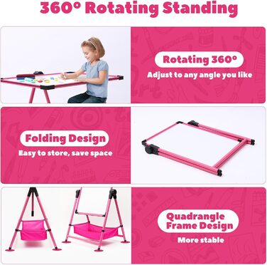 Дитяча мольберт Kinderstaffelei з двома боками, складний, регульована висота 74,9-111,8 см, з місцем для зберігання, поворотний на 360°, мольберт для малювання та дошка з набором літер та цифр, рожевий для хлопчиків та дівчаток