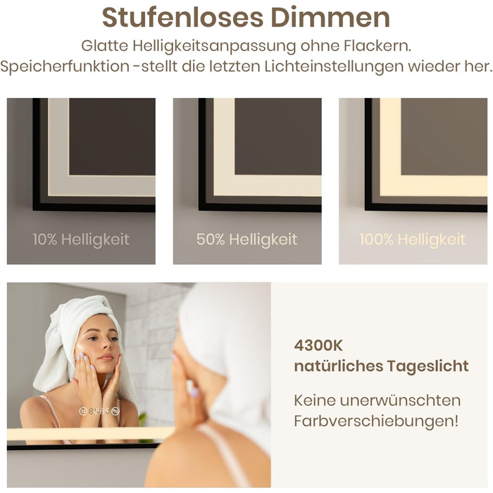 Дзеркало для ванної кімнати EMKE з підсвіткою 70x50 см, чорне, з сенсорним керуванням, регулюванням яскравості, протитуманним покриттям, годинником, функцією пам'яті та нейтральним світлом 4300K, енергозберігаюче, вологостійке (IP44)